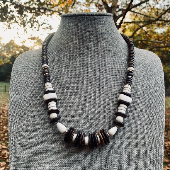 Two-tone Wood Bead Necklace w. Gold Tone Spacers - Picture 1 of 7